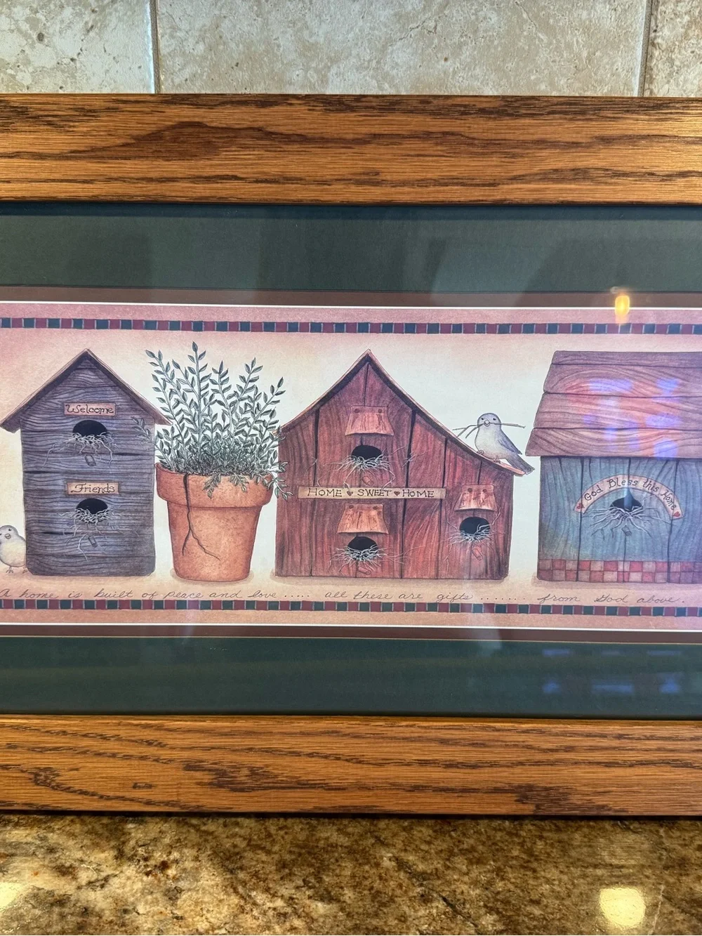 Home Interiors Framed Birdhouse Print Primitive Country Wall Art 23x13